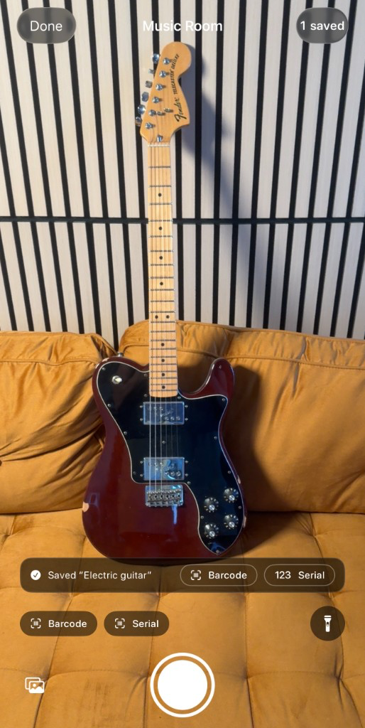 The Roomful capture screen at the save moment, a just saved item card rising toward the counter