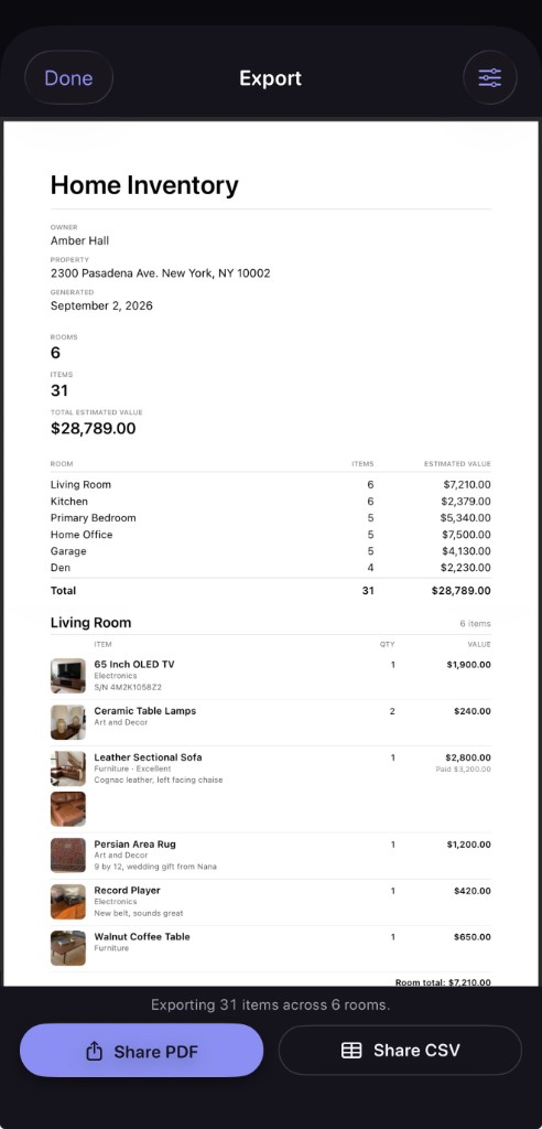 The export screen showing the finished PDF